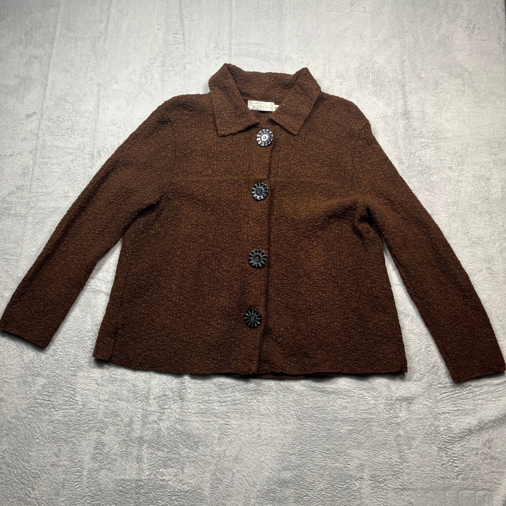 Willow Boucle Knit Jacket Womens Brown Button Front Artsy Collared Pleat Medium